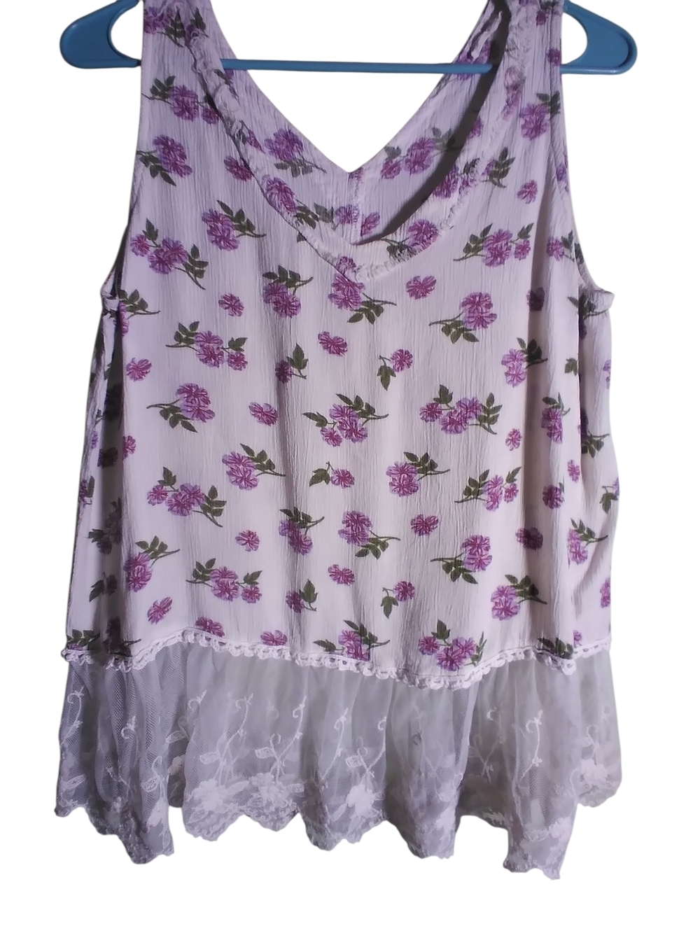 Vintage Lavender Floral Tank Top with Lace Hem